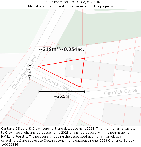 1, CENNICK CLOSE, OLDHAM, OL4 3BA: Plot and title map