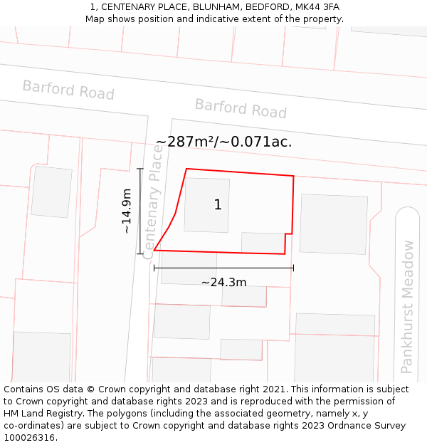 1, CENTENARY PLACE, BLUNHAM, BEDFORD, MK44 3FA: Plot and title map