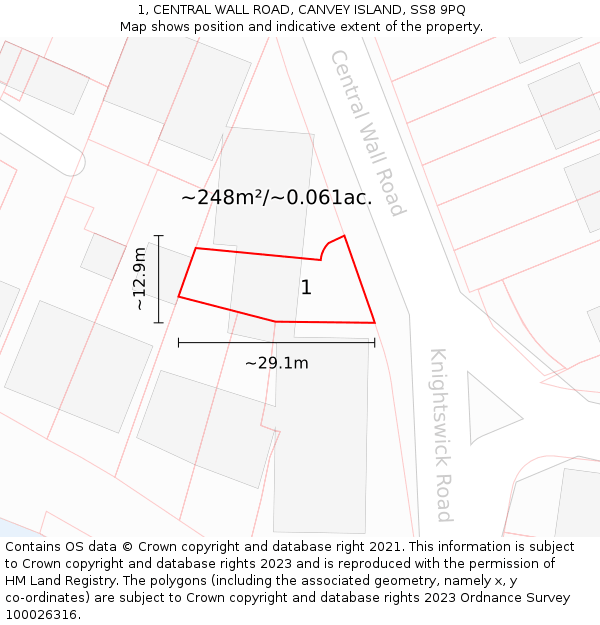 1, CENTRAL WALL ROAD, CANVEY ISLAND, SS8 9PQ: Plot and title map