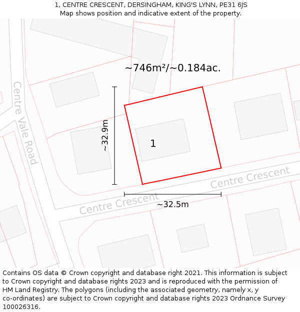 1, CENTRE CRESCENT, DERSINGHAM, KING'S LYNN, PE31 6JS: Plot and title map