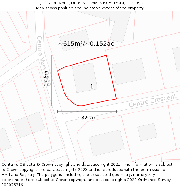 1, CENTRE VALE, DERSINGHAM, KING'S LYNN, PE31 6JR: Plot and title map