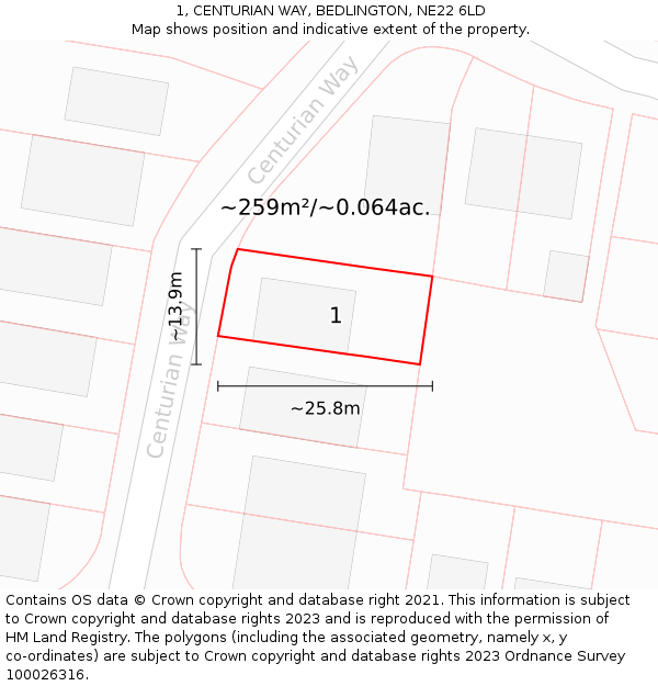 1, CENTURIAN WAY, BEDLINGTON, NE22 6LD: Plot and title map