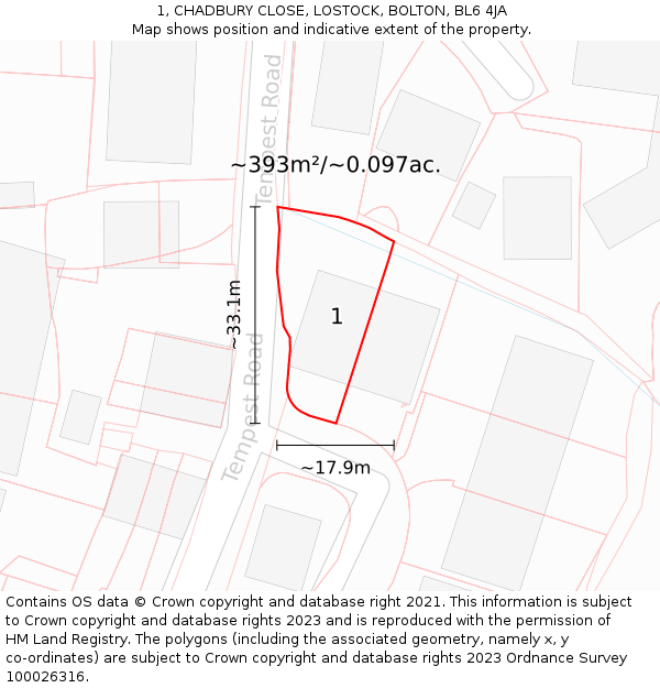 1, CHADBURY CLOSE, LOSTOCK, BOLTON, BL6 4JA: Plot and title map