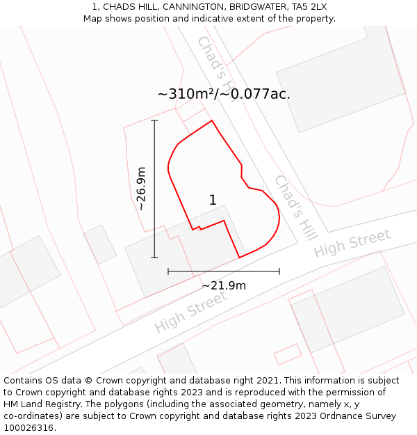 1, CHADS HILL, CANNINGTON, BRIDGWATER, TA5 2LX: Plot and title map