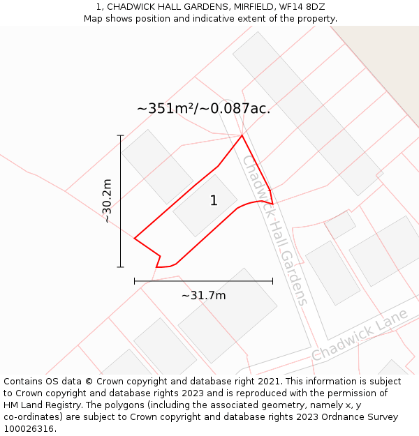 1, CHADWICK HALL GARDENS, MIRFIELD, WF14 8DZ: Plot and title map