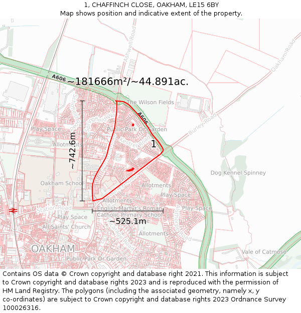 1, CHAFFINCH CLOSE, OAKHAM, LE15 6BY: Plot and title map