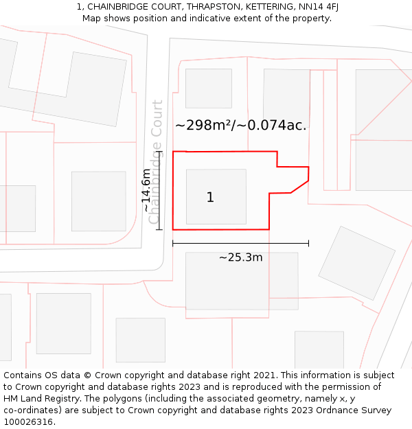 1, CHAINBRIDGE COURT, THRAPSTON, KETTERING, NN14 4FJ: Plot and title map