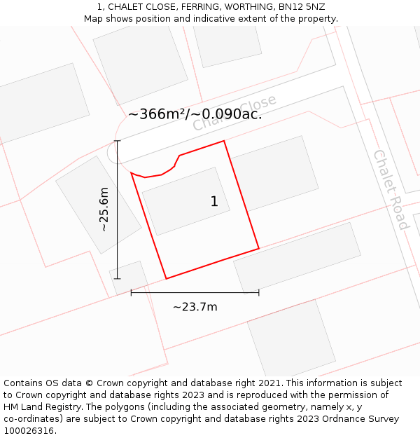 1, CHALET CLOSE, FERRING, WORTHING, BN12 5NZ: Plot and title map