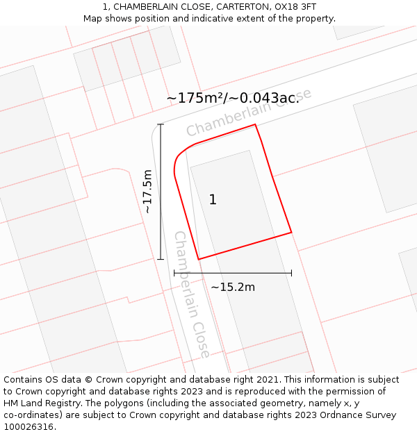 1, CHAMBERLAIN CLOSE, CARTERTON, OX18 3FT: Plot and title map