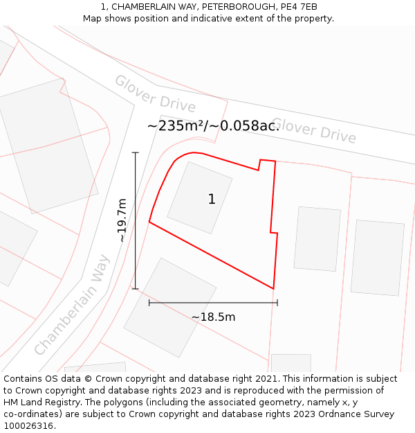 1, CHAMBERLAIN WAY, PETERBOROUGH, PE4 7EB: Plot and title map