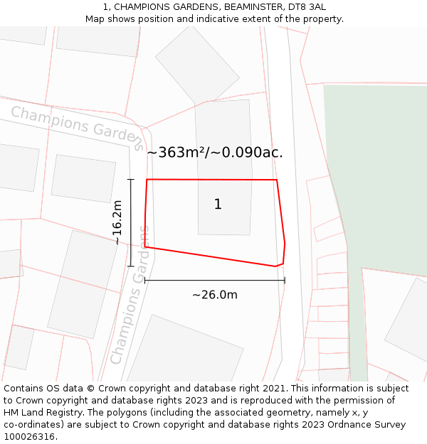 1, CHAMPIONS GARDENS, BEAMINSTER, DT8 3AL: Plot and title map