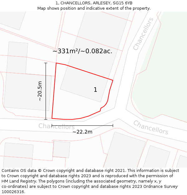 1, CHANCELLORS, ARLESEY, SG15 6YB: Plot and title map
