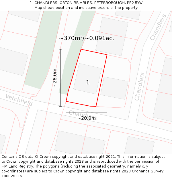 1, CHANDLERS, ORTON BRIMBLES, PETERBOROUGH, PE2 5YW: Plot and title map