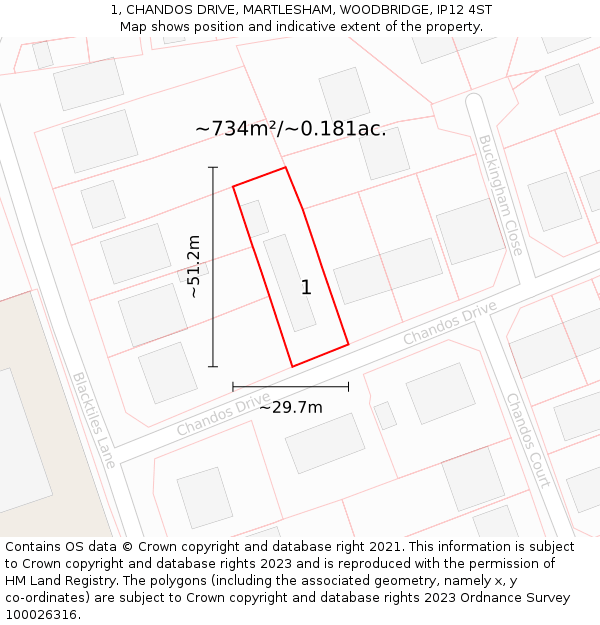 1, CHANDOS DRIVE, MARTLESHAM, WOODBRIDGE, IP12 4ST: Plot and title map