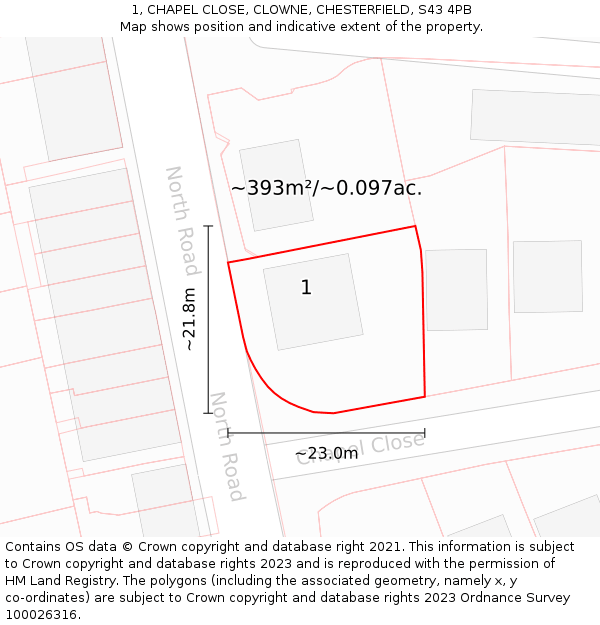 1, CHAPEL CLOSE, CLOWNE, CHESTERFIELD, S43 4PB: Plot and title map