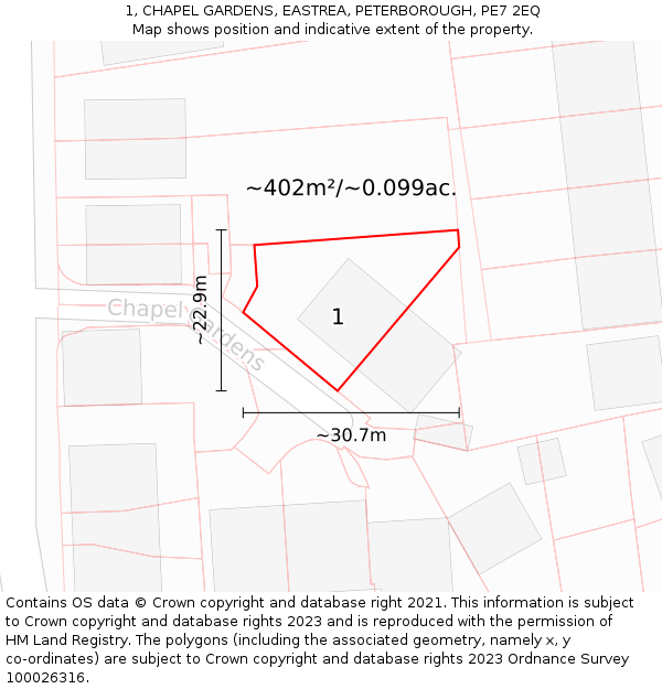 1, CHAPEL GARDENS, EASTREA, PETERBOROUGH, PE7 2EQ: Plot and title map