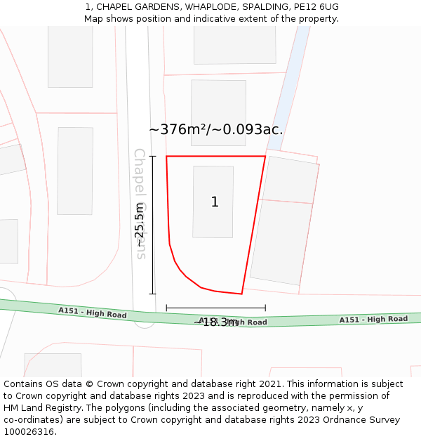 1, CHAPEL GARDENS, WHAPLODE, SPALDING, PE12 6UG: Plot and title map