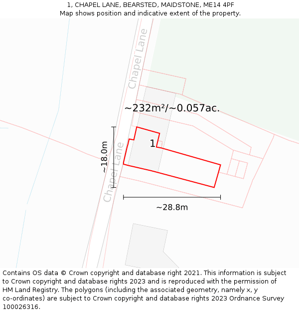 1, CHAPEL LANE, BEARSTED, MAIDSTONE, ME14 4PF: Plot and title map