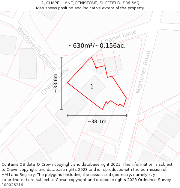 1, CHAPEL LANE, PENISTONE, SHEFFIELD, S36 6AQ: Plot and title map