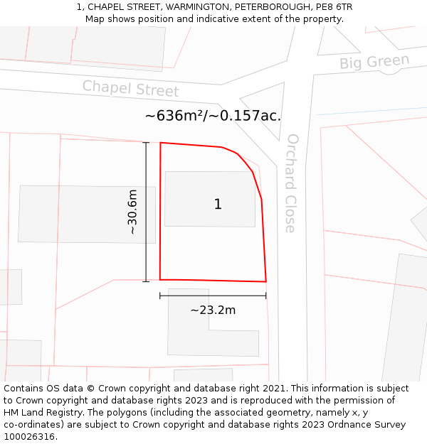 1, CHAPEL STREET, WARMINGTON, PETERBOROUGH, PE8 6TR: Plot and title map