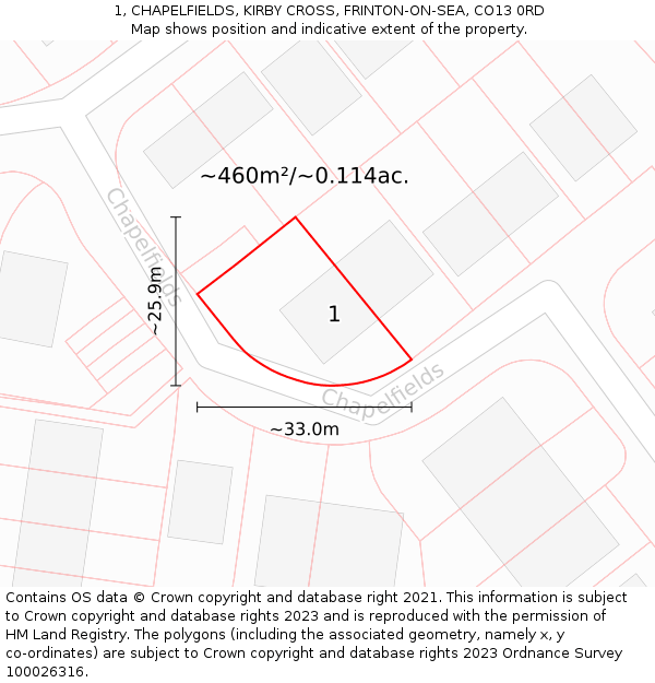 1, CHAPELFIELDS, KIRBY CROSS, FRINTON-ON-SEA, CO13 0RD: Plot and title map