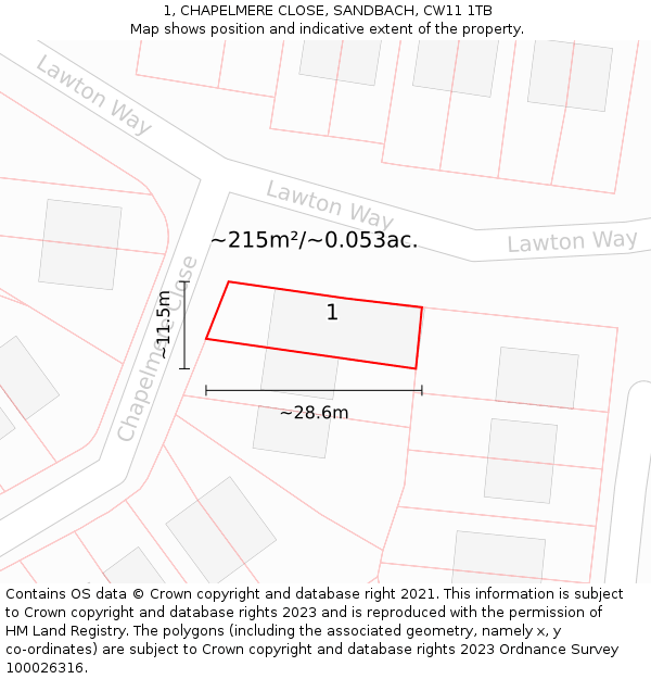 1, CHAPELMERE CLOSE, SANDBACH, CW11 1TB: Plot and title map
