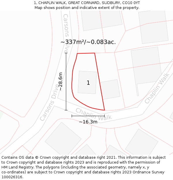 1, CHAPLIN WALK, GREAT CORNARD, SUDBURY, CO10 0YT: Plot and title map