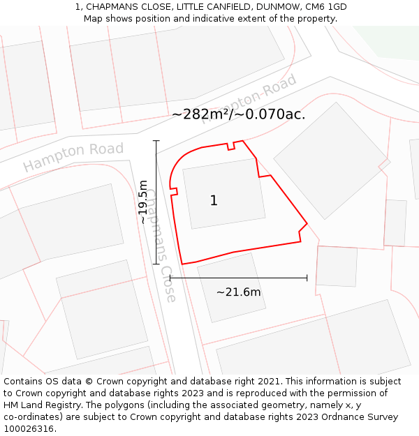 1, CHAPMANS CLOSE, LITTLE CANFIELD, DUNMOW, CM6 1GD: Plot and title map