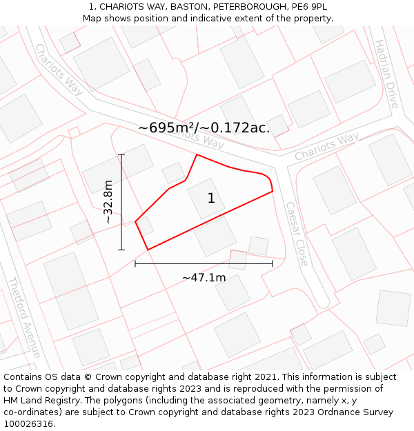 1, CHARIOTS WAY, BASTON, PETERBOROUGH, PE6 9PL: Plot and title map
