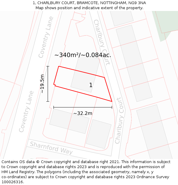 1, CHARLBURY COURT, BRAMCOTE, NOTTINGHAM, NG9 3NA: Plot and title map