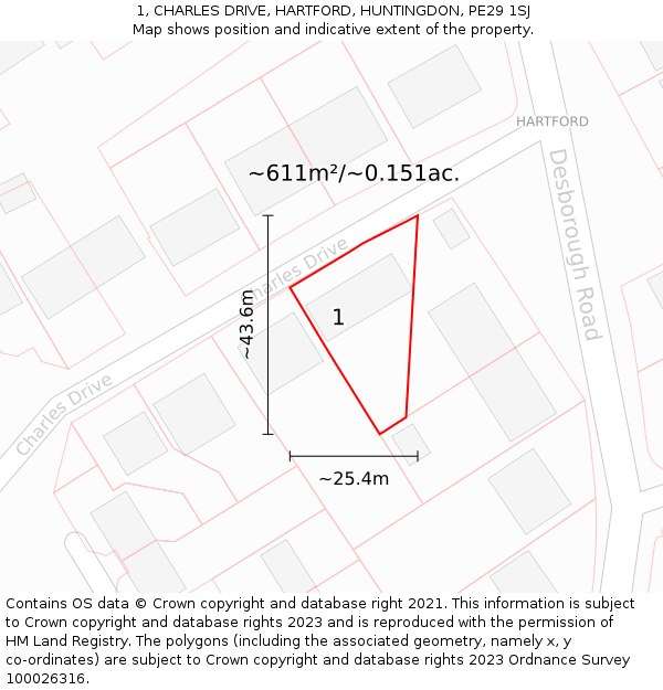1, CHARLES DRIVE, HARTFORD, HUNTINGDON, PE29 1SJ: Plot and title map