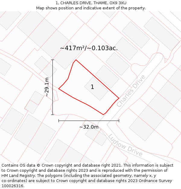 1, CHARLES DRIVE, THAME, OX9 3XU: Plot and title map