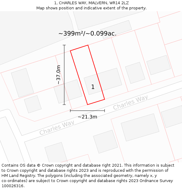 1, CHARLES WAY, MALVERN, WR14 2LZ: Plot and title map