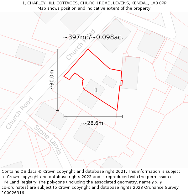 1, CHARLEY HILL COTTAGES, CHURCH ROAD, LEVENS, KENDAL, LA8 8PP: Plot and title map