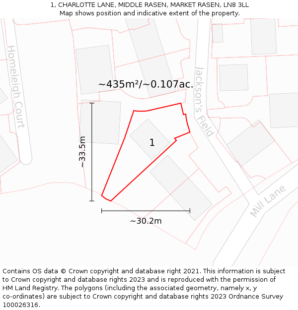 1, CHARLOTTE LANE, MIDDLE RASEN, MARKET RASEN, LN8 3LL: Plot and title map