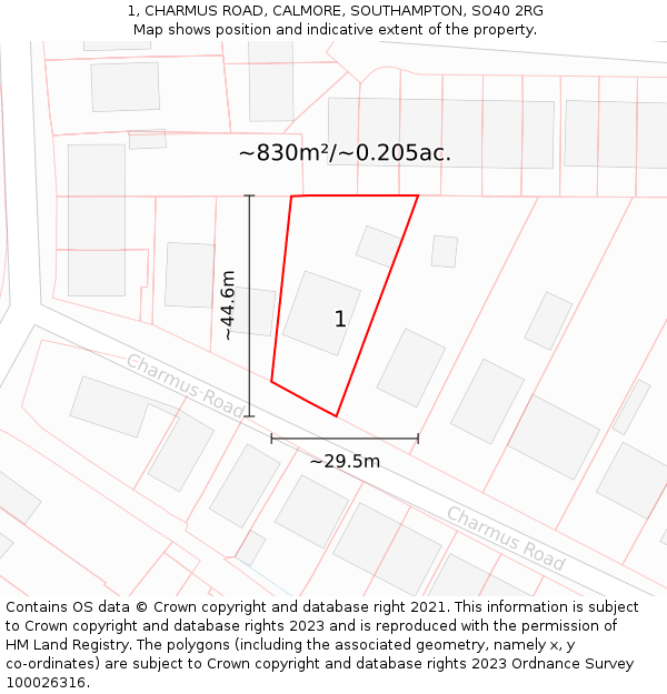1, CHARMUS ROAD, CALMORE, SOUTHAMPTON, SO40 2RG: Plot and title map