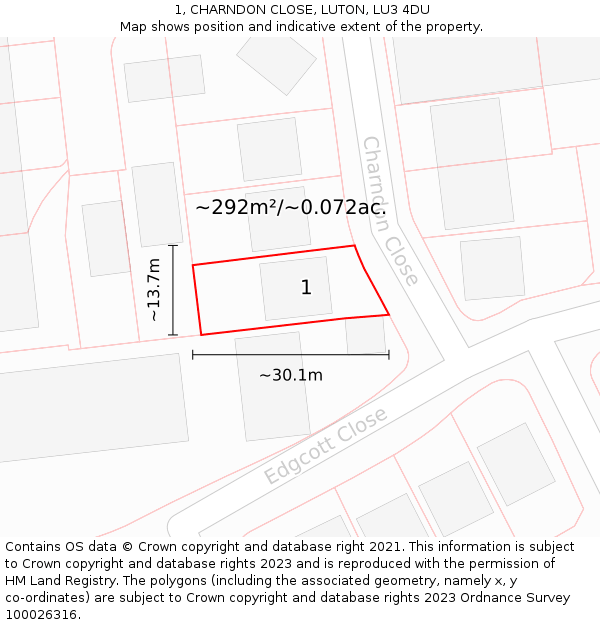 1, CHARNDON CLOSE, LUTON, LU3 4DU: Plot and title map
