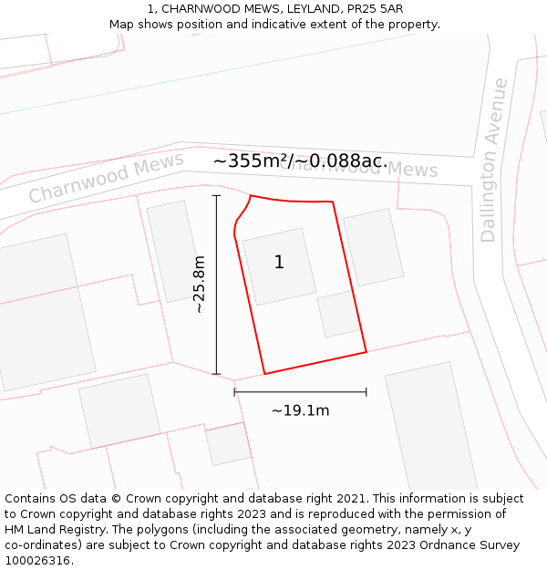 1, CHARNWOOD MEWS, LEYLAND, PR25 5AR: Plot and title map