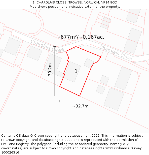 1, CHAROLAIS CLOSE, TROWSE, NORWICH, NR14 8GD: Plot and title map