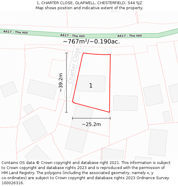 1, CHARTER CLOSE, GLAPWELL, CHESTERFIELD, S44 5JZ: Plot and title map