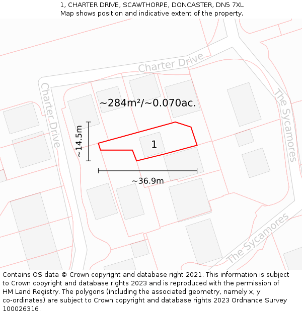 1, CHARTER DRIVE, SCAWTHORPE, DONCASTER, DN5 7XL: Plot and title map