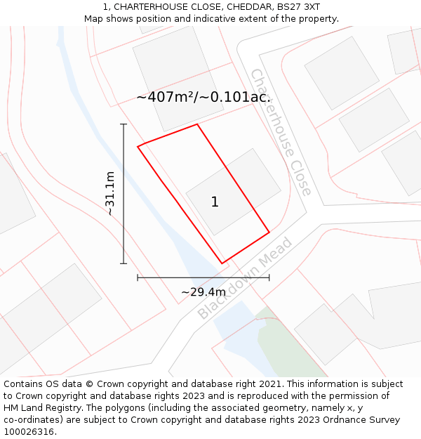 1, CHARTERHOUSE CLOSE, CHEDDAR, BS27 3XT: Plot and title map