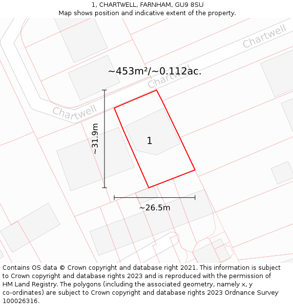 1, CHARTWELL, FARNHAM, GU9 8SU: Plot and title map