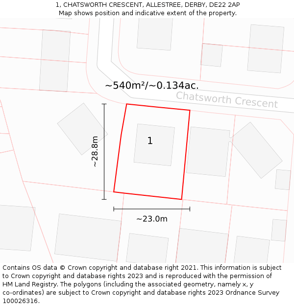 1, CHATSWORTH CRESCENT, ALLESTREE, DERBY, DE22 2AP: Plot and title map