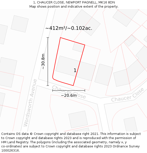 1, CHAUCER CLOSE, NEWPORT PAGNELL, MK16 8DN: Plot and title map