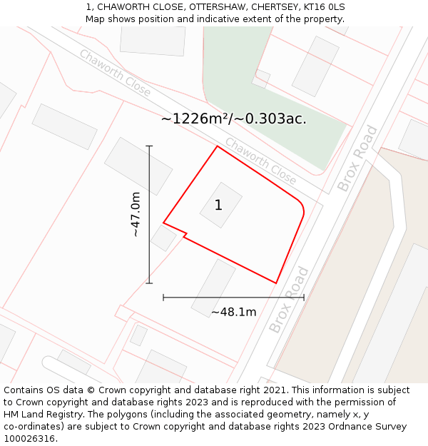 1, CHAWORTH CLOSE, OTTERSHAW, CHERTSEY, KT16 0LS: Plot and title map