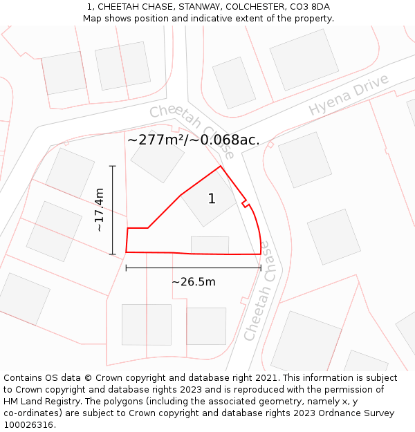 1, CHEETAH CHASE, STANWAY, COLCHESTER, CO3 8DA: Plot and title map