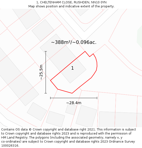 1, CHELTENHAM CLOSE, RUSHDEN, NN10 0YN: Plot and title map