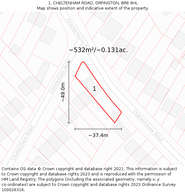 1, CHELTENHAM ROAD, ORPINGTON, BR6 9HL: Plot and title map