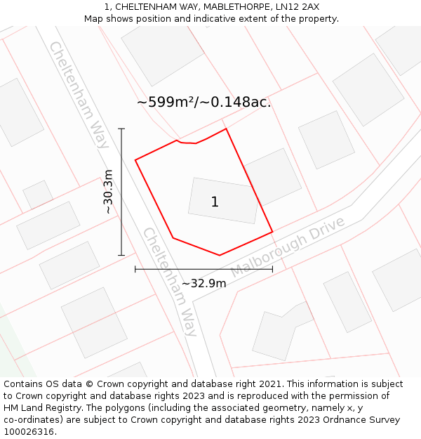 1, CHELTENHAM WAY, MABLETHORPE, LN12 2AX: Plot and title map